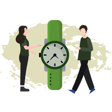 Boy And Girl Looking At Wristwatch  Illustration