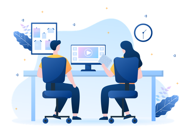 Boy and girl making online video tutorial  イラスト