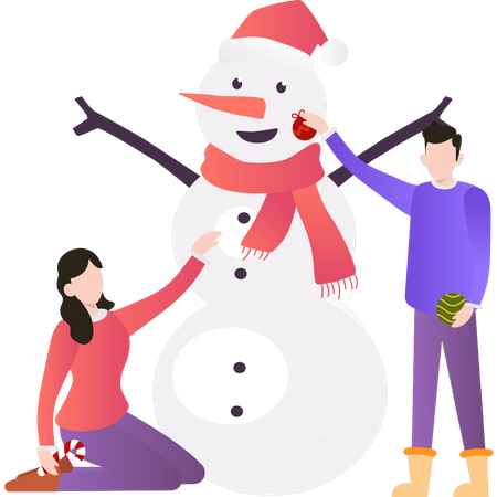 Boy and girl making snowman  Illustration