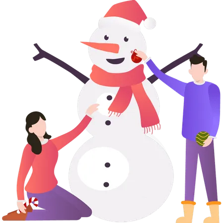 Boy and girl making snowman  Illustration