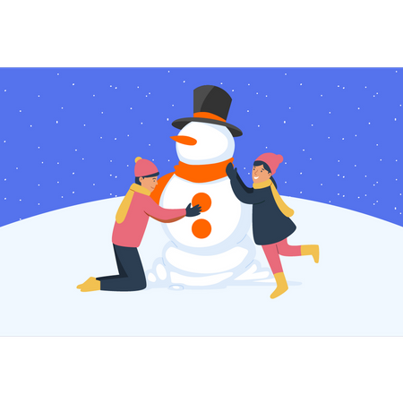 Boy and girl making snowman  Illustration