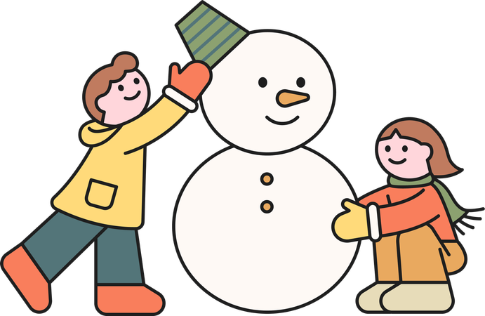 Boy and girl making snowman  Illustration