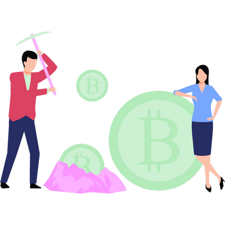 Boy and girl mining bitcoin  Illustration