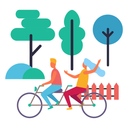 Adolescent Boy And Girl On Double Bicycle Isolated Vector Illustration On White Icons Of Different Lush Trees And Bushes Along With Wooden Fence Illustration