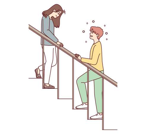소년과 소녀 계단에  일러스트레이션