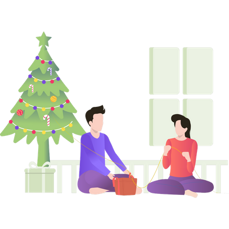 Boy and girl packing Christmas presents  Illustration