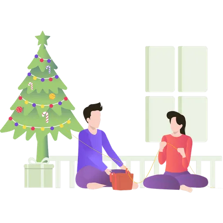 Boy and girl packing Christmas presents  Illustration