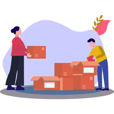 Boy And Girl Packing Donations  Illustration