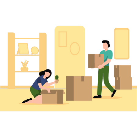 Boy and girl packing household goods into boxes Illustration