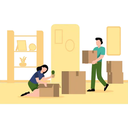 Boy and girl packing household goods into boxes Illustration