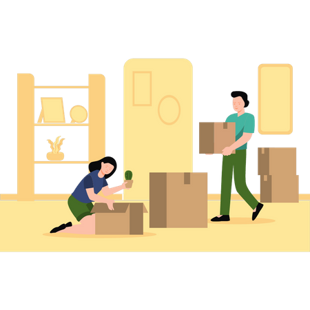 Boy and girl packing household goods into boxes  Illustration