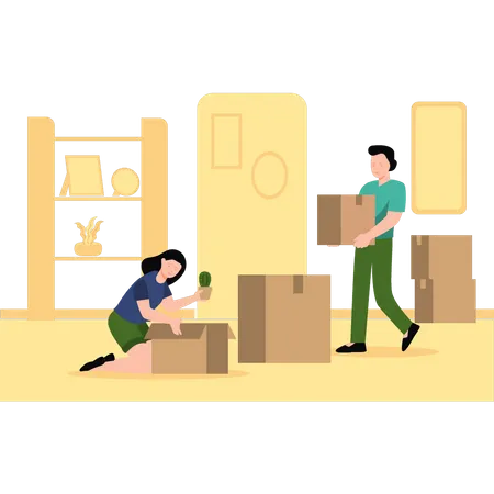 Boy and girl packing household goods into boxes  Illustration