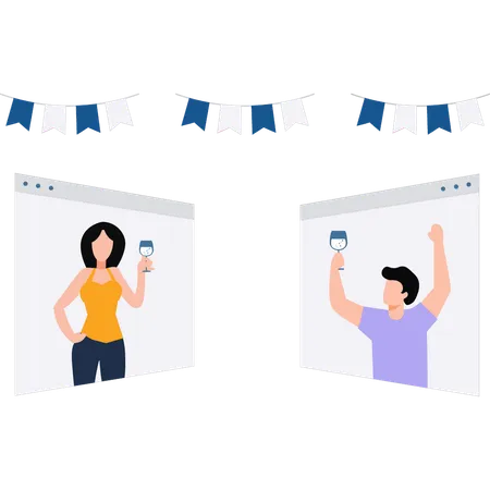Boy and girl partying online  Illustration