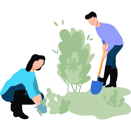 A Boy And A Girl Are Planting Plants In The Park Illustration