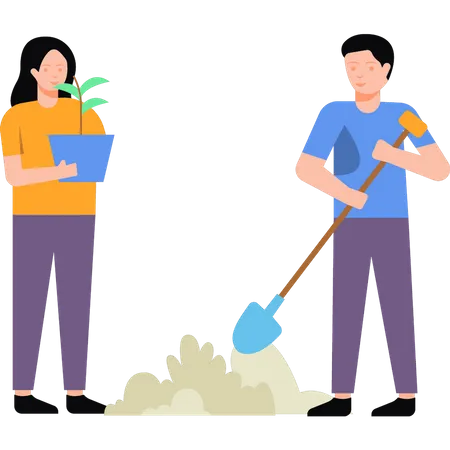 Boy and girl planting plants  Illustration