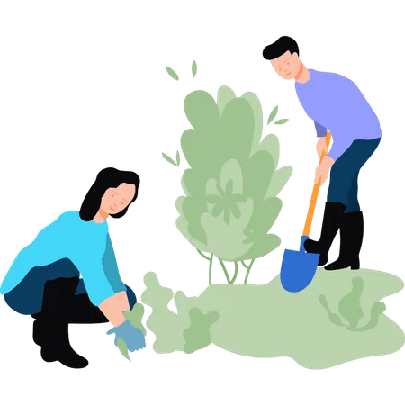 Boy and girl planting plants  Illustration