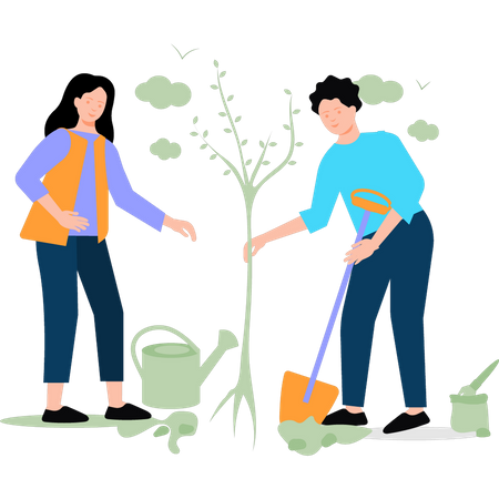 Boy and girl planting plants in park  Illustration