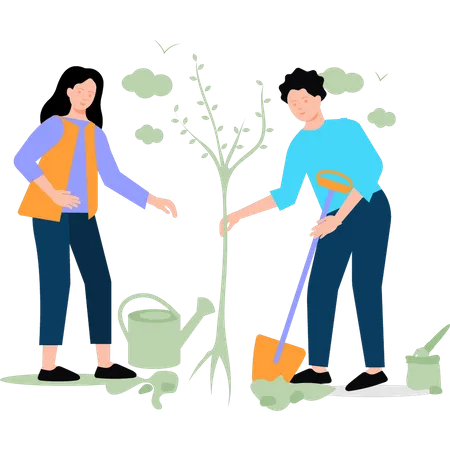 Boy and girl planting plants in park  Illustration