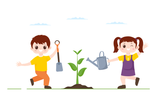 Boy and girl planting tree  Illustration