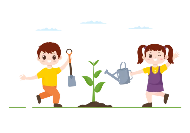 Boy and girl planting tree  Illustration