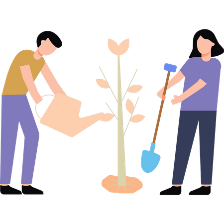 Boy and girl planting tree  Illustration