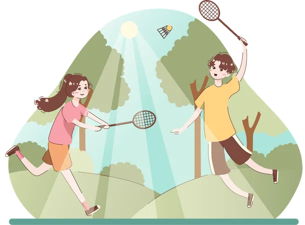 Boy and girl playing badminton  일러스트레이션