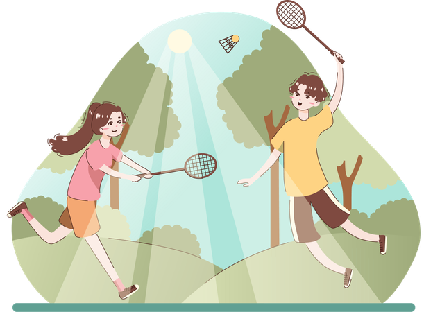 Boy and girl playing badminton  Illustration