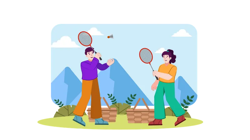 Boy and girl playing badminton on picnic  Illustration