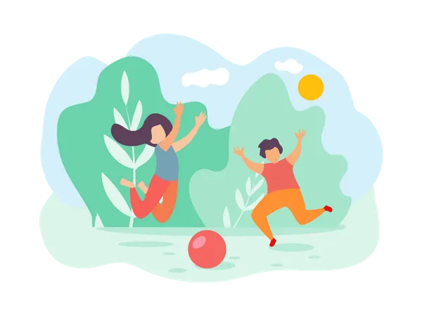 Boy and Girl Playing Ball at Park  Illustration