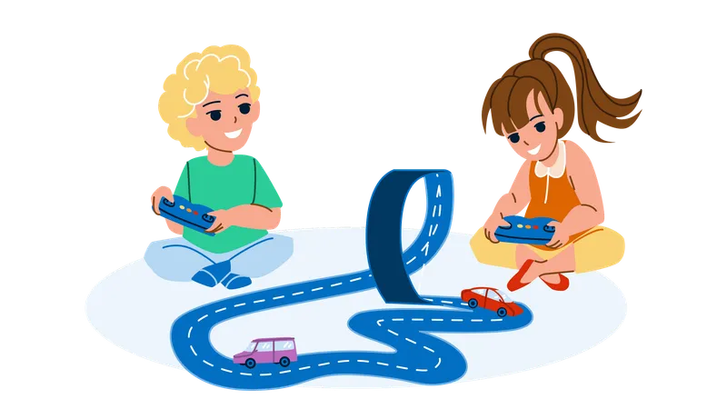 Boy And Girl Playing Car Tracks Together Vector Preschooler Children Play Electronic Car Tracks Toy Characters Kids Enjoying Automobile Race With Remote Control Flat Cartoon Illustration Illustration