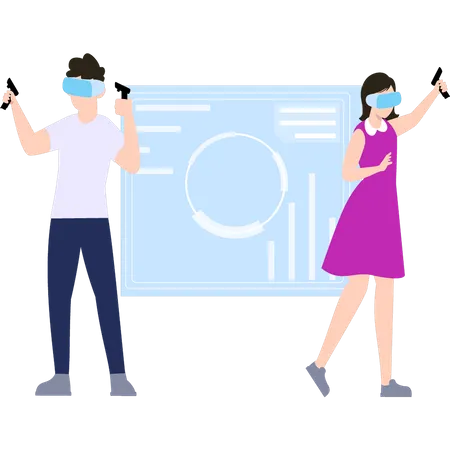 Boy and girl playing games wearing VR glasses Illustration