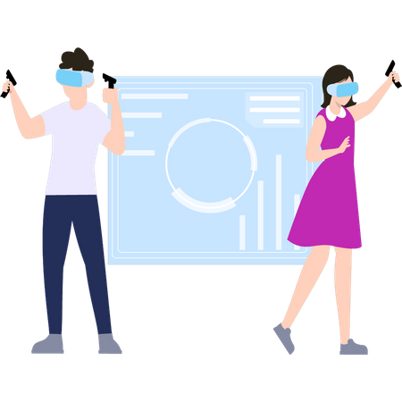 Boy and girl playing games wearing VR glasses  Illustration