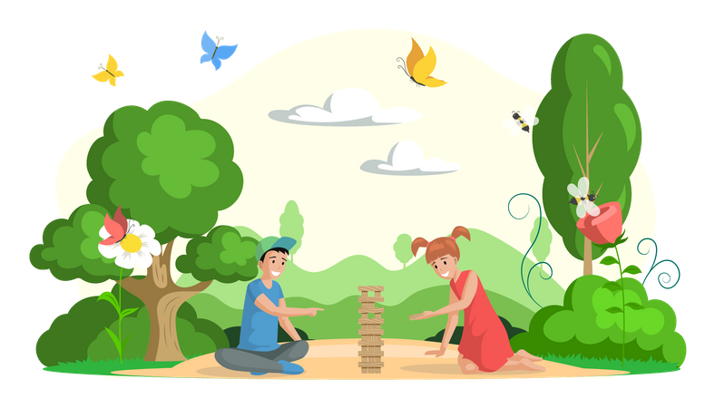 Boy and girl playing jenga board game  Illustration