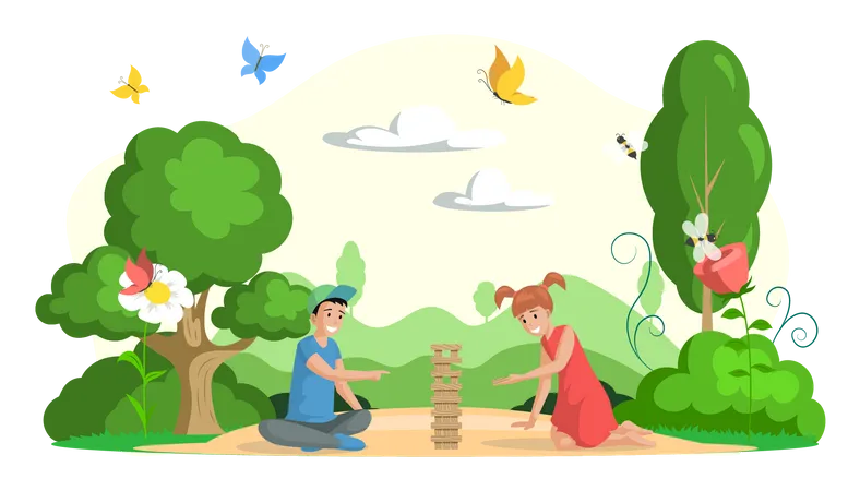 Boy and girl playing jenga board game  Illustration