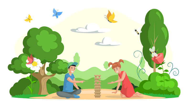 Boy and girl playing jenga board game  Illustration