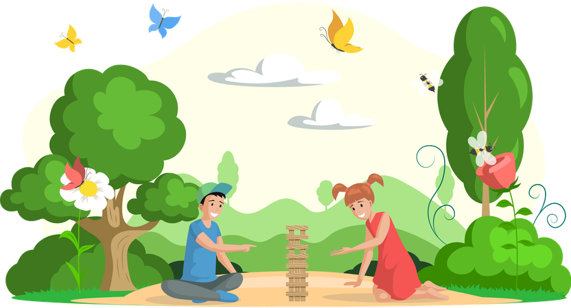 Boy and girl playing jenga board game outdoor  Illustration