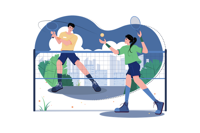 Boy And Girl Playing Tennis  Illustration