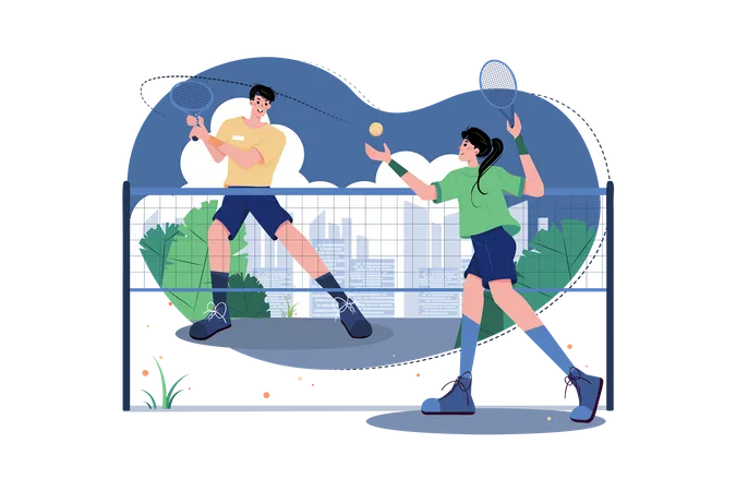 Boy And Girl Playing Tennis  Illustration