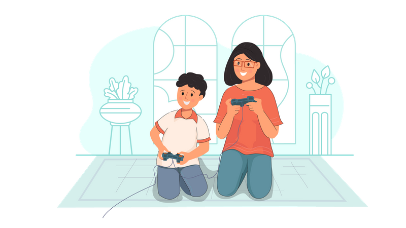 Boy and girl playing video game  Illustration