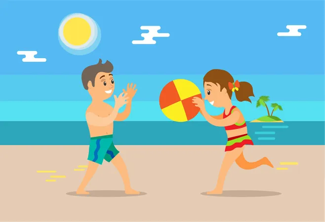 Children Boy And Girl Playing With Ball At Coastline Vector Happy Kids Play Beach Volleyball Teenagers At Summer Time Spend Time Outdoors On Seashore Illustration