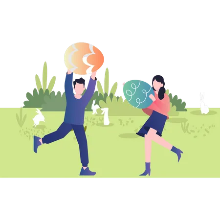 Boy and girl playing with Easter eggs Illustration