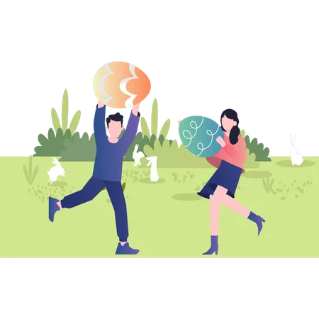 Boy and girl playing with Easter eggs  Illustration