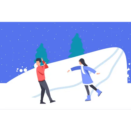 Boy and girl playing with snowballs  Illustration