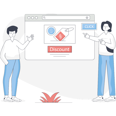 Boy and girl  pointing online shopping dcount  Illustration