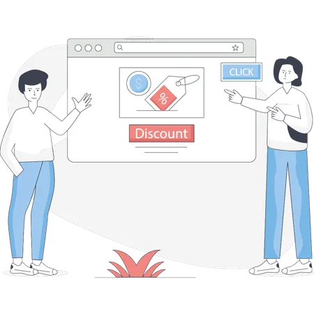 Boy and girl  pointing online shopping dcount  Illustration