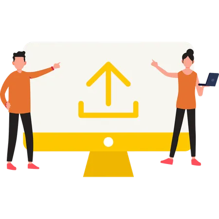 Boy And Girl Pointing To Data Being Uploaded Illustration
