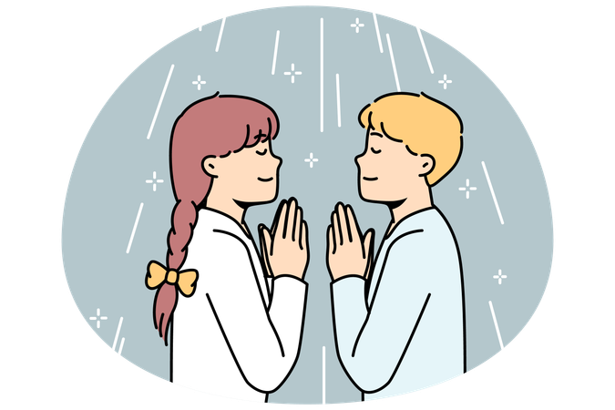 Boy and girl pray to God facing each other in church  Illustration