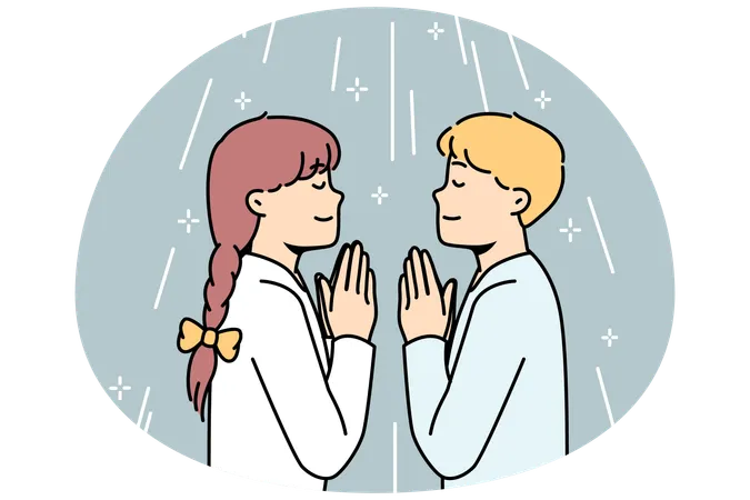 Boy and girl pray to God facing each other in church  Illustration