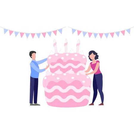 Boy and girl preparing birthday cake  Illustration