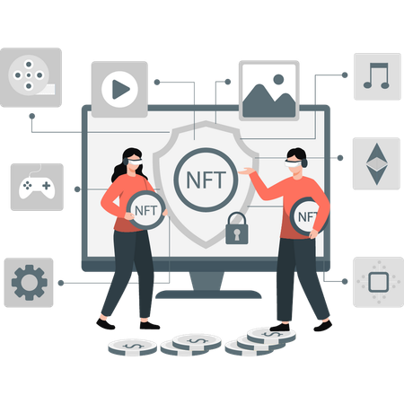 Boy and girl presenting crypto NFT  Illustration